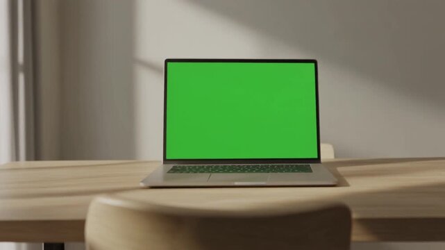 A modern laptop with a bright green screen sits open on a wooden desk, bathed in soft light.