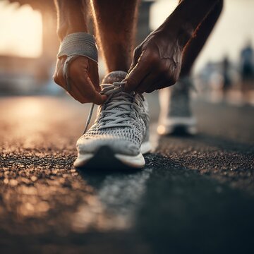 Faceless runner tying shoelaces track visible ankle brace motivational recovery comeback vibe soft tone realism