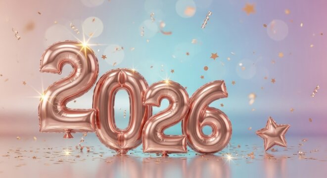 2026 Celebration Rose Gold Balloon Numbers and Confetti