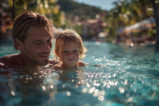 Father and son enjoy playful moments in a tropical pool paradise - Powered by Adobe