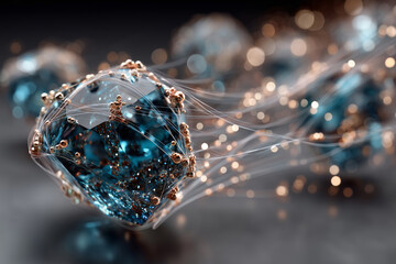 Floating rare earth crystals create a dance of light and data in a digital realm