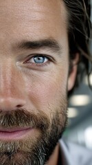 Obraz premium A man's face is visible; his light blue eye is prominent and he has facial hair