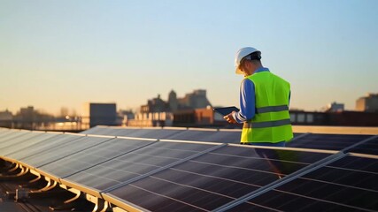 Engineer inspecting solar panels on rooftop with tablet at sunset for renewable energy project - Powered by Adobe