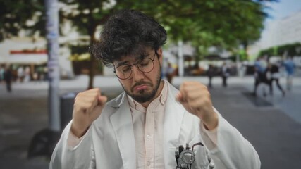 Young hispanic man with beard and glasses, wearing lab coat, makes sad gesture on urban street, surrounded by blurred city background with trees and people.