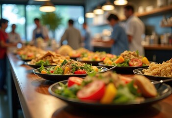 Fototapeta premium Healthy Culinary Delights in Vibrant Cafeteria Setting Fresh Produce Wholesome Dishes Colorful Platters