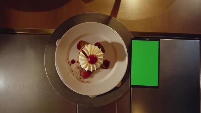 A top-down view of a delicious dessert with whipped cream and a cherry next to a smartphone with a green screen.