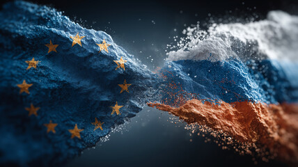 Torn flags represent the tension between the European Union and Russia