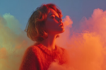 Woman in red sweater surrounded by colorful vape clouds in serene setting