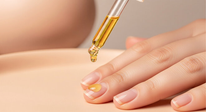 Applying nourishing cuticle oil from a glass pipette onto a woman's clean, manicured nails. Concept for professional manicure, hand care, beauty treatment, and nail strengthening. Close-up macro shot.