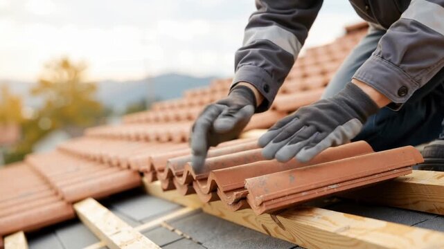 construction worker placing terracotta roof tiles on wooden structure during house roofing process at sunset