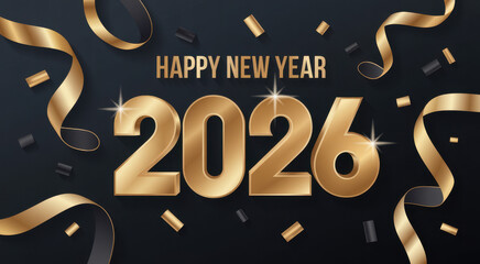 Elegant Happy New Year 2026 banner with gold numbers and ribbons perfect for holiday greetings and festive designs
