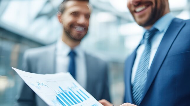 Business professionals discuss financial report with positive outlook in modern office setting during afternoon hours
