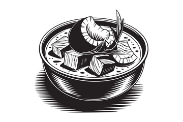Hand drawn illustration of a hearty bowl of stew with meat and vegetables