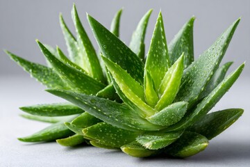 Fototapeta premium Aloe vera plant with healthy green leaves covered in water droplets