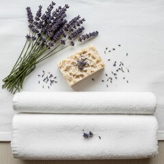 Fototapeta premium Luxurious lavender soap and soft towels offer a tranquil spa experience at home for relaxation