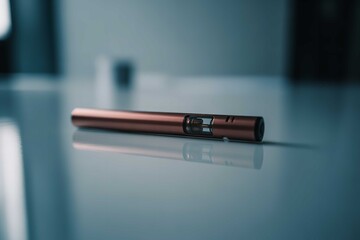 Fototapeta premium A close up shot of a rose gold vape pen on a reflective surface in a blurred background setting
