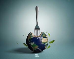 An earth globe with a bite taken out and a fork stuck in it for world food day concept art