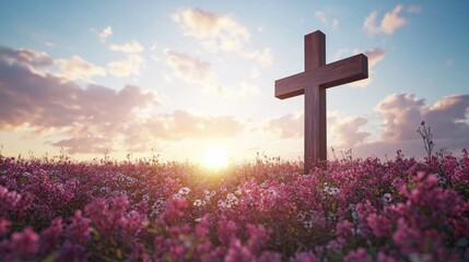 A simple wooden cross stands tall in a field of purple wildflowers as the sun sets on the horizon