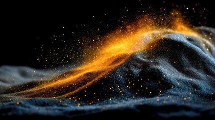 Golden particles flow over a dark, grainy surface, resembling sand dunes in a mystical landscape