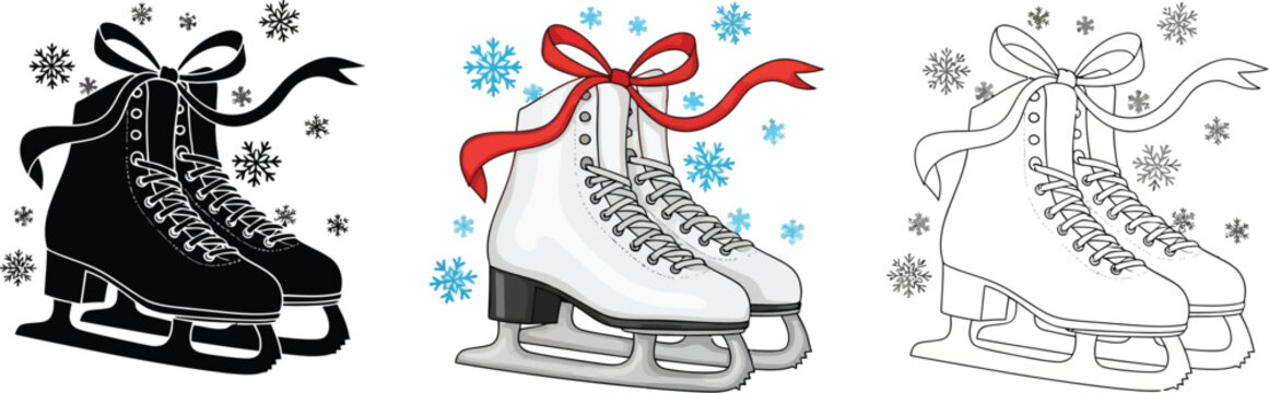 Three variations of ice skates with snowflakes, perfect for adding a festive touch to your designs