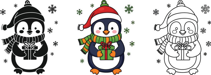 Three variations of a christmas penguin with gift, including a color version, a black silhouette, and a line drawing
