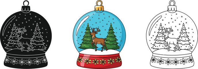 Three variations of a christmas snow globe, including a color version, a black silhouette, and a line drawing