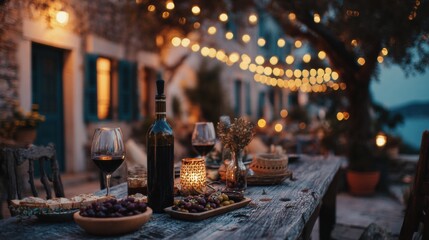 Naklejka premium Enjoying a Mediterranean Evening With String Lights and Wine on a Rustic Table Overlooking the Sea