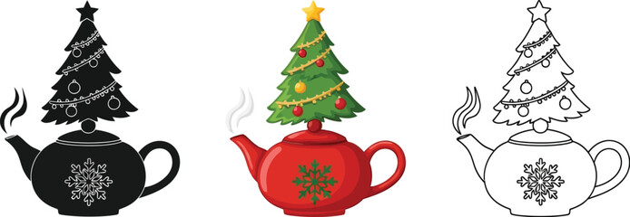 Festive teapot with christmas tree top, available in color, silhouette, and outline versions