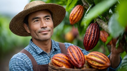 Farmer harvesting cacao pods on tropical plantation