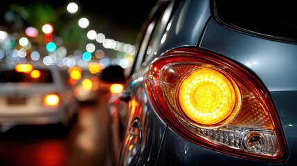 A blue car waits in traffic at night. The turn signal is on, showing a bright yellow light