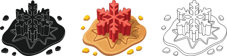 Three snowflake cookie icons in different styles glyph, colored and outline style for winter holiday designs