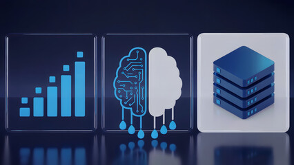 Three icons representing data analysis artificial intelligence and data storage on a dark surface