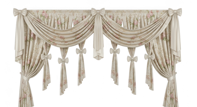 Elegant floral curtain with swag and bows isolated on transparent background, adding a touch of sophistication and charm to any window treatment design