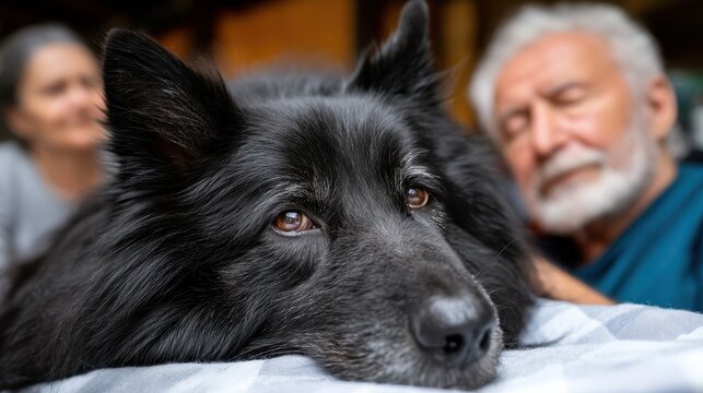 Senior man is taking a nap with his black dog on the bed. Woman also present in the background