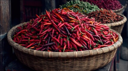 Naklejka premium Vibrant Collection of Fresh Chili Peppers in Traditional Basket