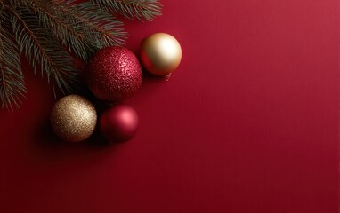 Fototapeta premium Christmas decoration flat lay with red and golden balls on pine branches, isolated on red background