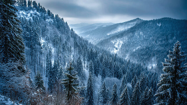 dark blue winter landscape with snow covered forest and mountains