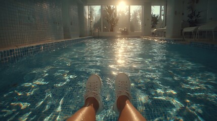 Hydrotherapy pool session cropped leg underwater rehabilitation theme soft lighting