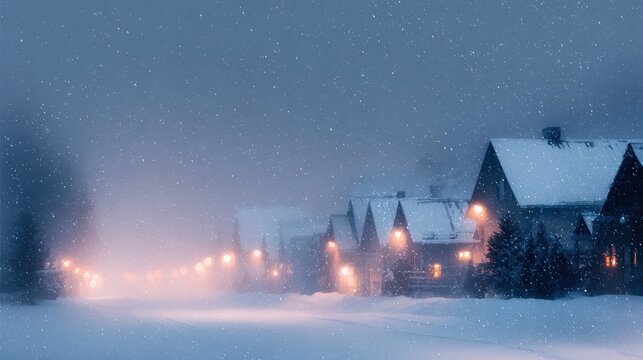 Quiet winter village under soft snowfall and warm lights, calm Christmas scenery