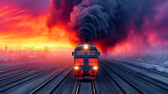 Diesel locomotive pulling train creating dark smoke at sunset