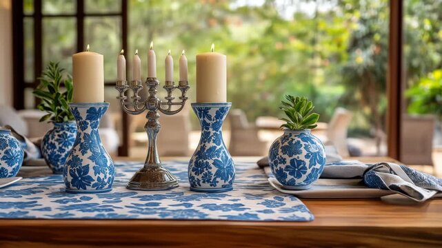 Table setting with lit candles, floral vases, greenery, patterned tablecloth, and natural light