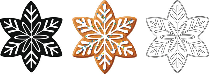 Three gingerbread cookie icons in different styles glyph, colored and outline style for winter holiday designs