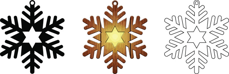 Snowflake in three styles black silhouette, color and outline drawing for christmas design and winter decoration