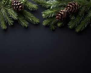 Winter festive composition with fir sprigs and cones arranged symmetrically on dark background