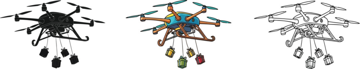 Three drone illustrations carrying gifts, presented in black silhouette, vibrant color, and outline