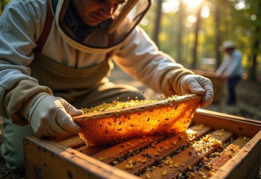 Beekeeper Inspecting Honeycomb Frames Close-Up Intricate Hive Details Natural Bees