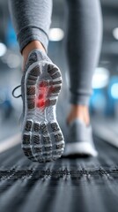 Naklejka premium Leg focused view of patient doing slow treadmill walking during injury recovery subtle motion blur modern rehabilitation lab