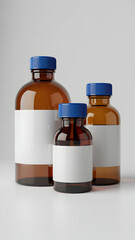 Obraz premium Three Amber Laboratory Bottles with Blue Caps on White Studio Background