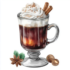 Watercolor illustration of a hot drink in a glass mug with whipped cream, cinnamon, star anise, nut, for winter, New Year, Christmas.