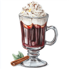 Winter drink with whipped cream and cinnamon stick in glass mug. Watercolor illustration for New Year and Winter holiday menu.
